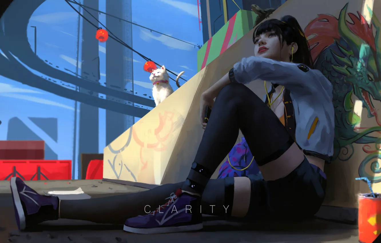 Photo wallpaper girl, fantasy, graffiti, legs, cat, dragon, brunette, artist