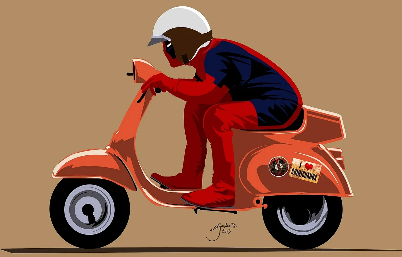 Photo wallpaper red, helmet, Deadpool, Marvel, Deadpool, scooter, Comics, Wade Wilson