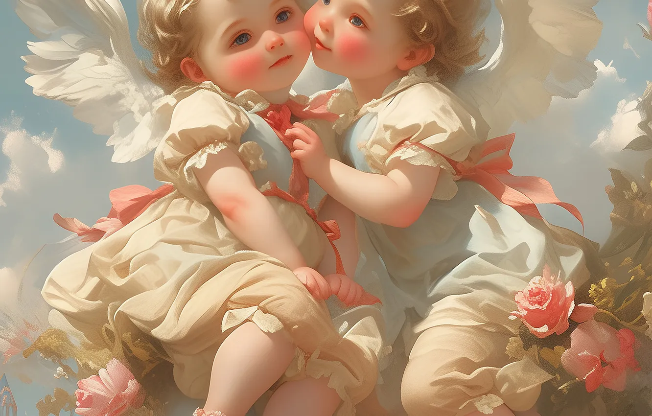 Photo wallpaper children, wings, angel, two, digital art, AI art, The Art of Artificial Intelligence, neural network