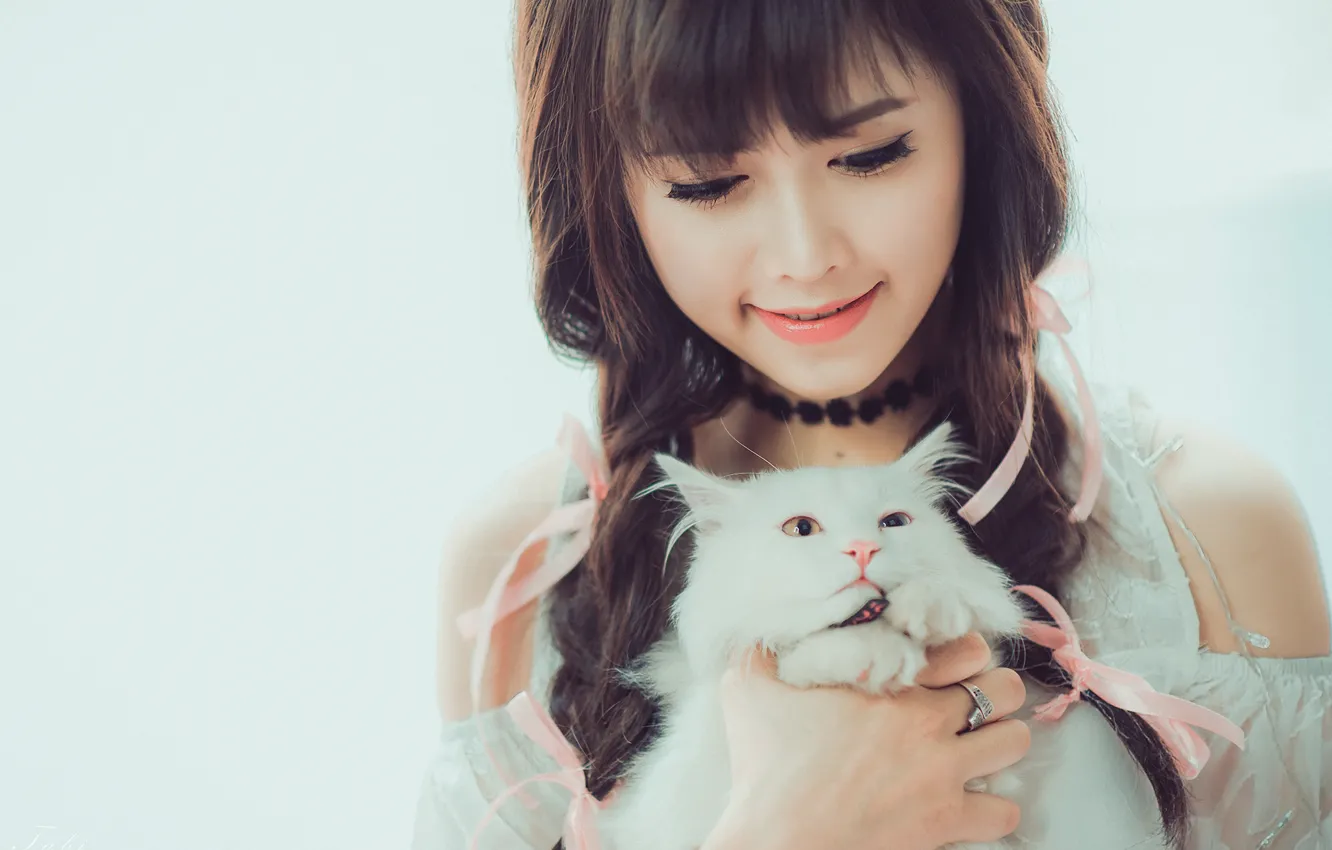 Photo wallpaper cat, cat, girl, smile, mood, Asian