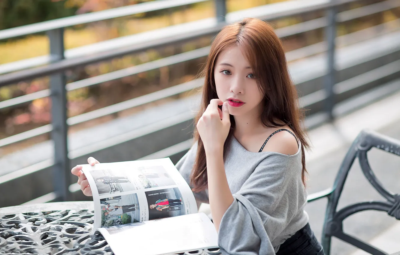 Photo wallpaper look, girl, Asian, journal, cutie, bokeh