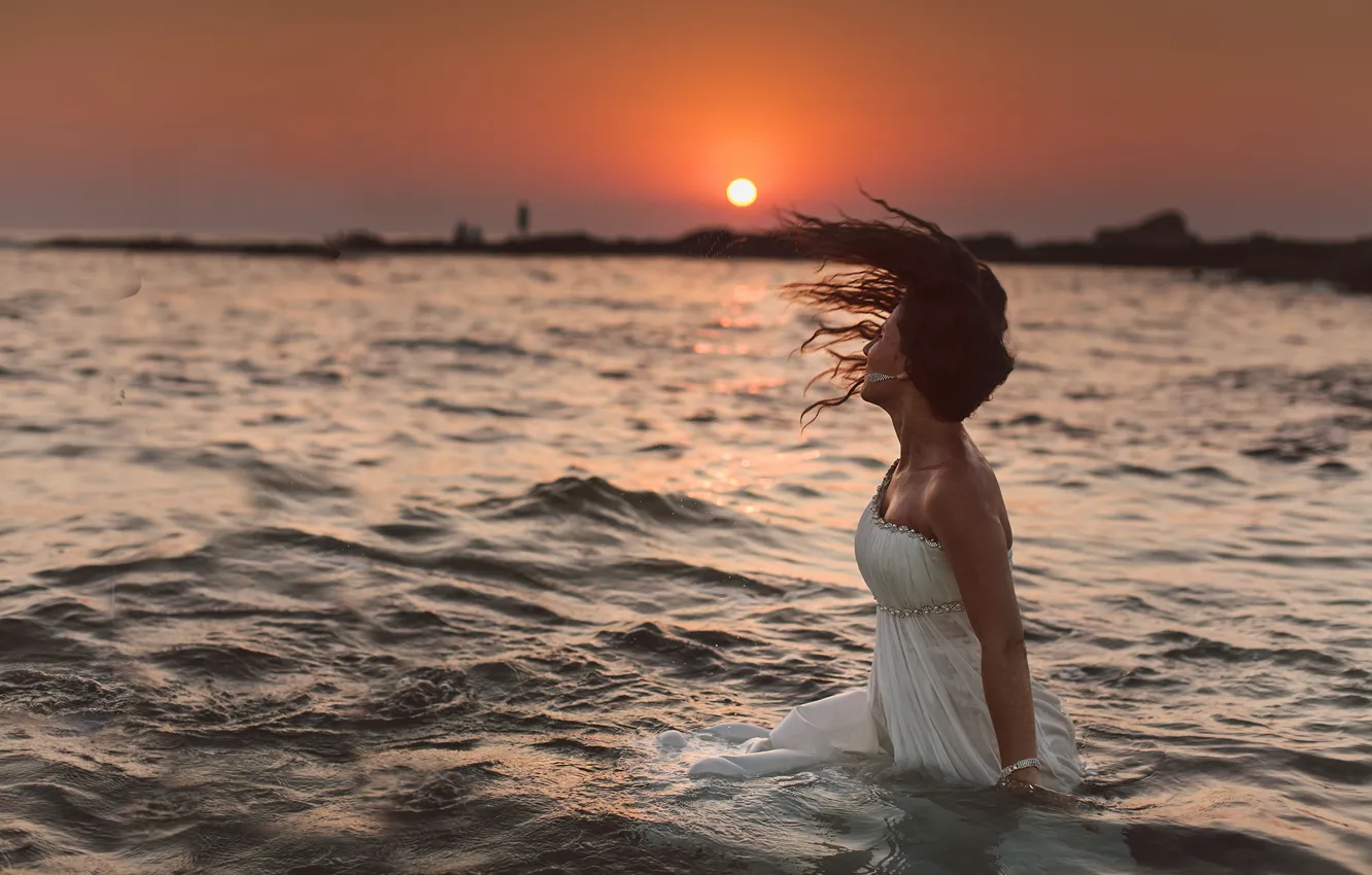 Photo wallpaper wave, water, girl, the sun, sunset, dress, the bride