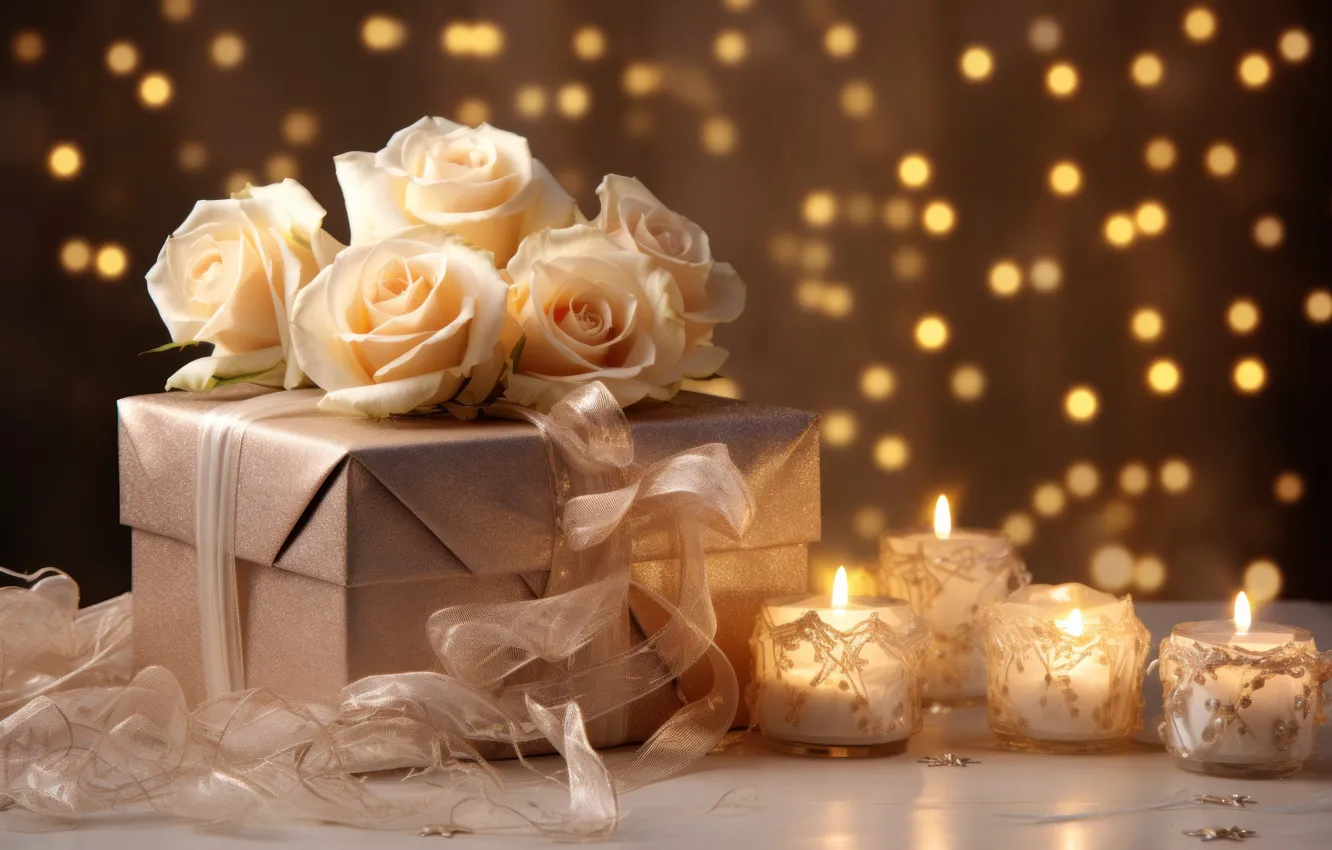 Photo wallpaper flowers, birthday, holiday, gift, roses, bouquet, candles, bow