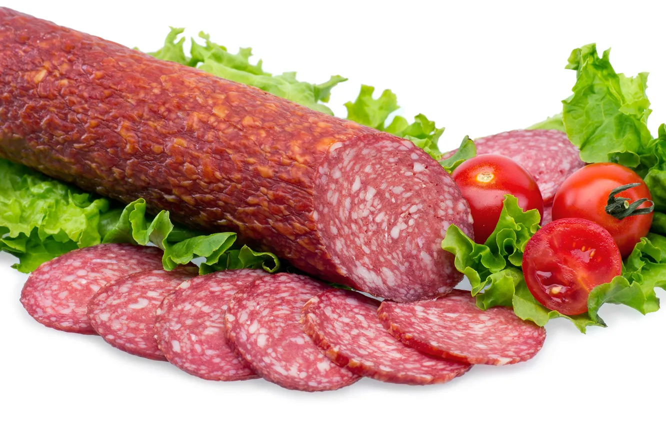 Photo wallpaper leaves, tomatoes, sausage, salad