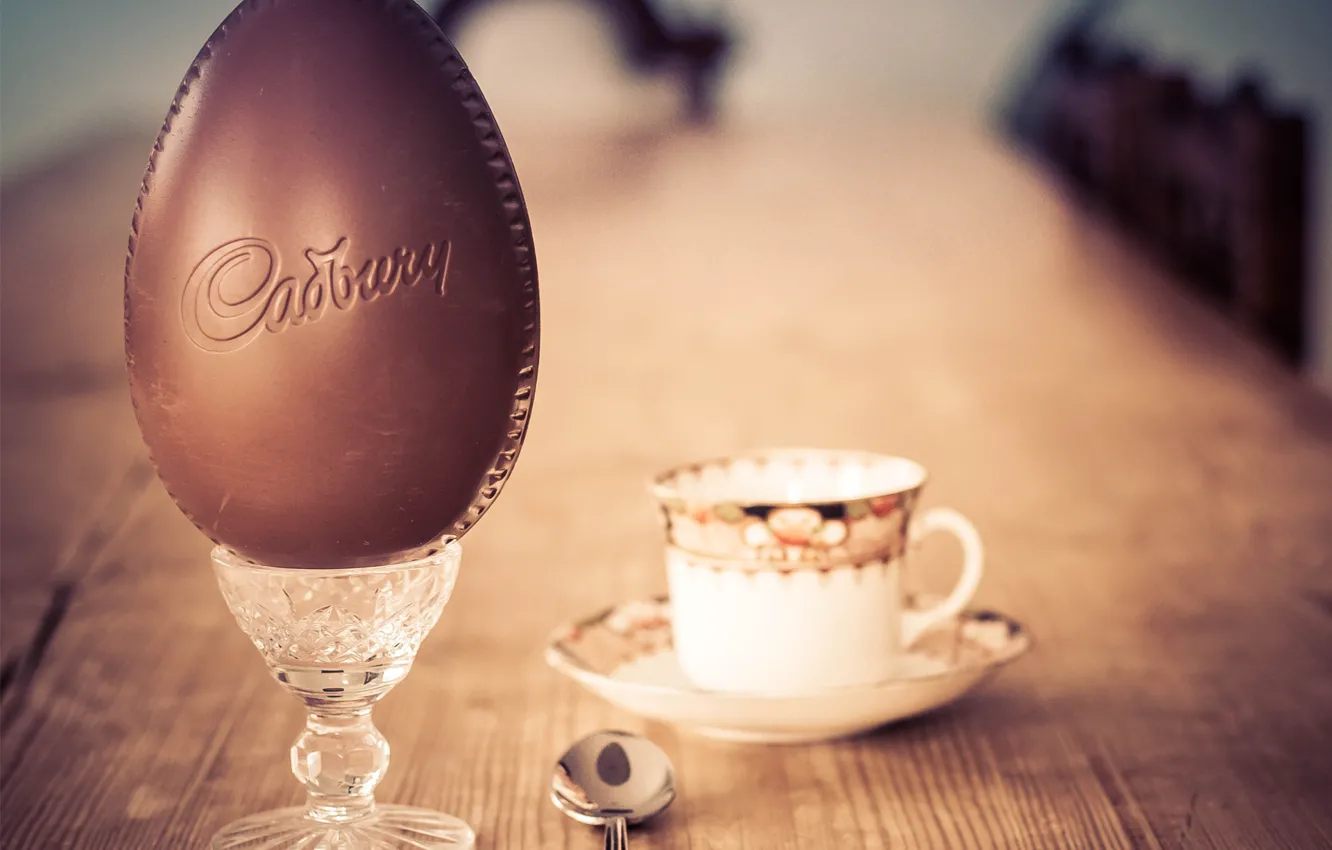 Photo wallpaper table, tea, eggs, spoon, mug, chocolate
