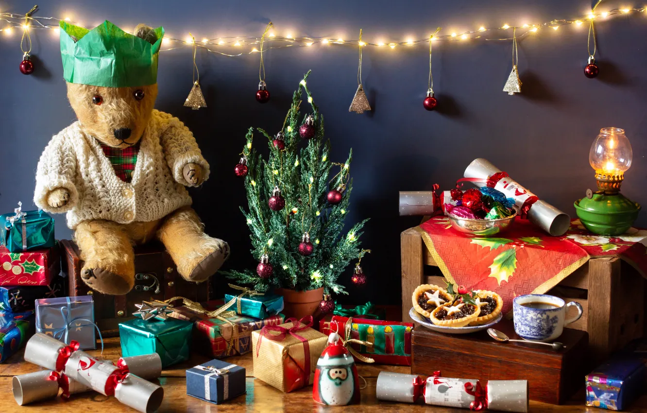Photo wallpaper decoration, lamp, coffee, Christmas, bear, gifts, New year, bear