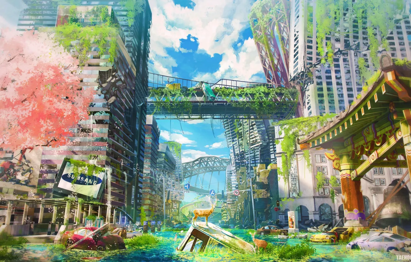 Photo wallpaper bridge, skyscrapers, deer, car, postapokalipsis, flooding, fittings, deserted city