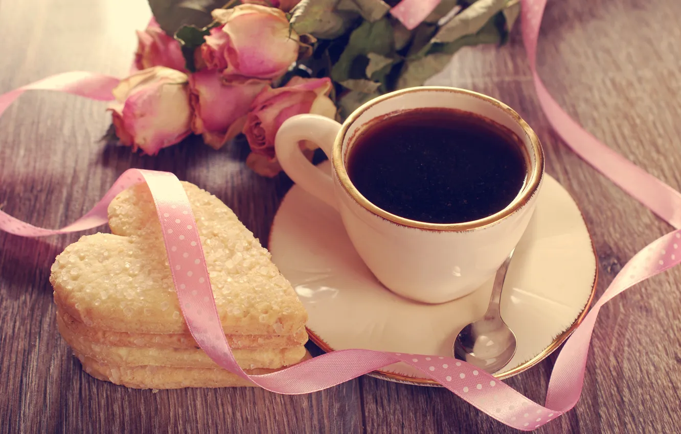 Photo wallpaper holiday, heart, coffee, roses, cookies, spoon, tape, Cup