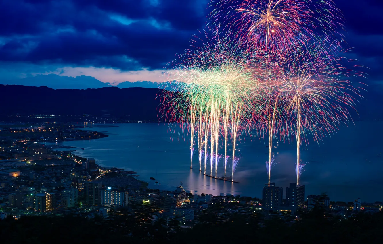 Photo wallpaper sea, the city, holiday, the evening, fireworks