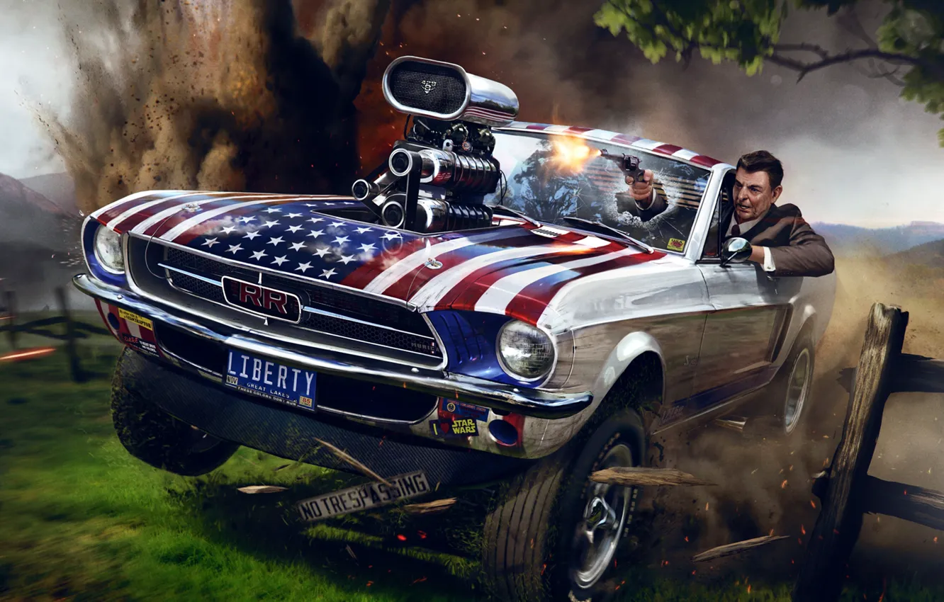 Photo wallpaper the explosion, gun, Ford Mustang, art, Ronald Reagan