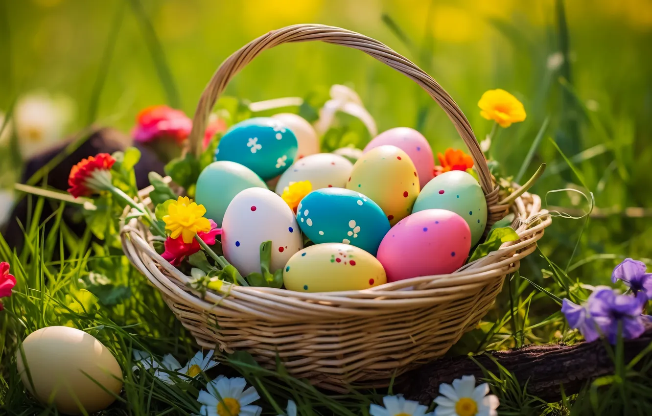 Photo wallpaper flowers, basket, glade, eggs, spring, colorful, Easter, flowers