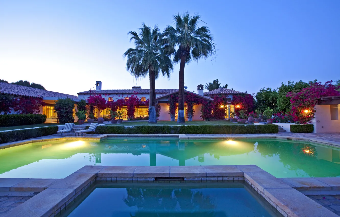 Photo wallpaper palm trees, the evening, pool, ranch, rancho Mirage