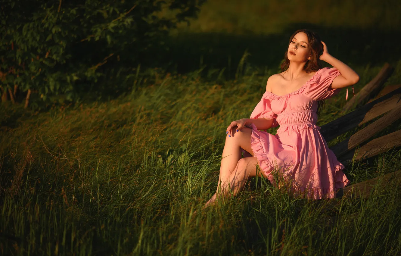 Photo wallpaper girl, pose, nature, pink dress, Alexander Parkhomenko, Valeria Stepanova