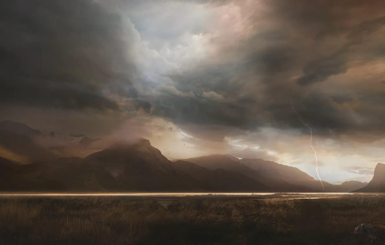 Photo wallpaper clouds, landscape, mountains, clouds, nature, lightning, view, art