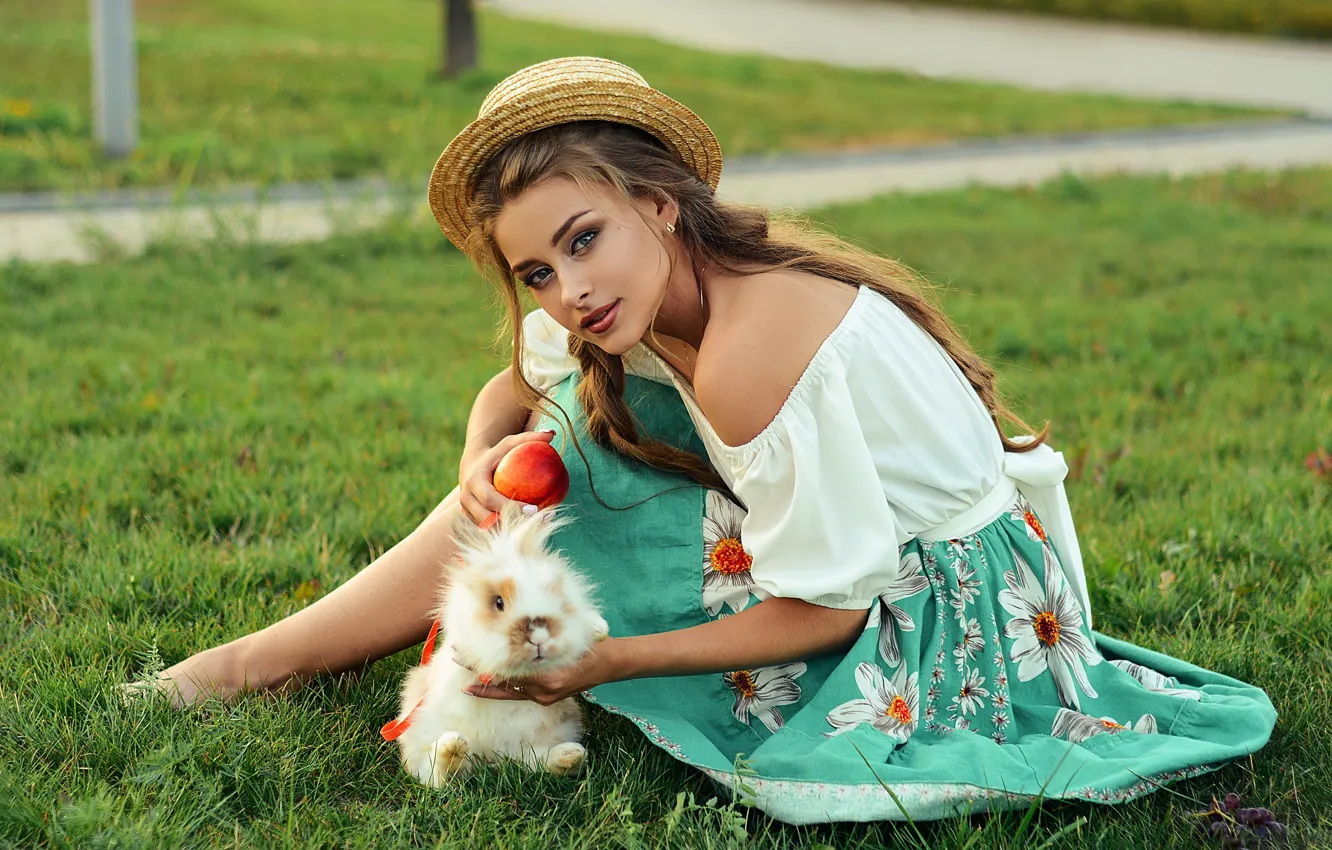 Photo wallpaper grass, look, girl, pose, rabbit, hat, shoulders, Alina Stanislavsky