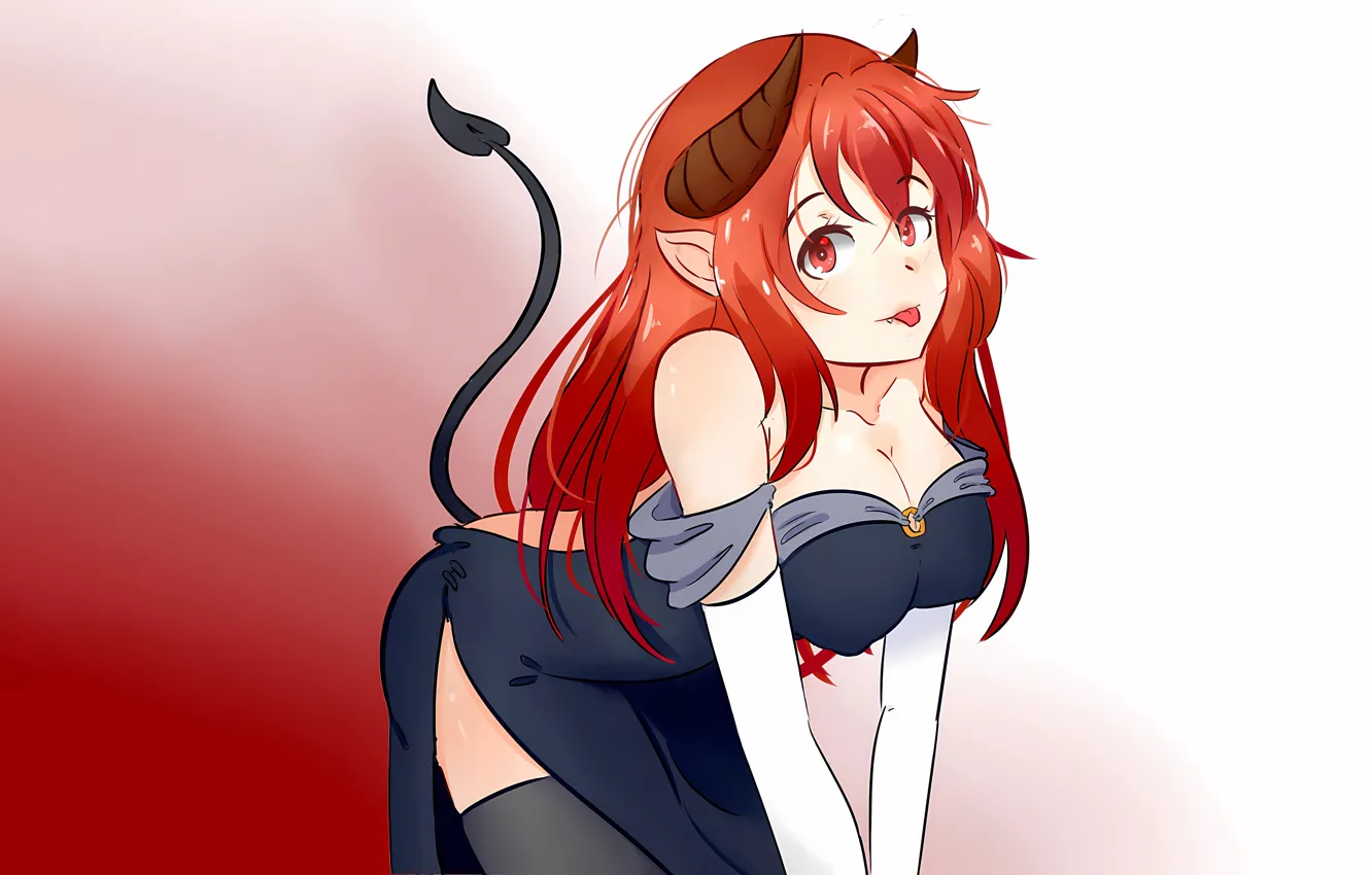 Photo wallpaper girl, sexy, cleavage, thighhighs, horns, long hair, dress, boobs