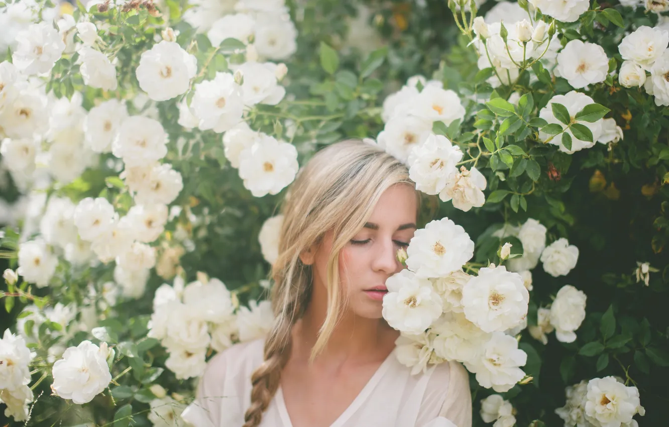 Photo wallpaper girl, flowers, blonde, braid