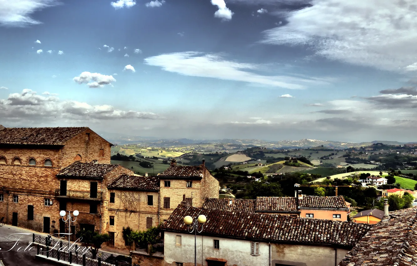 Photo wallpaper field, hills, home, town, the village, Fabry