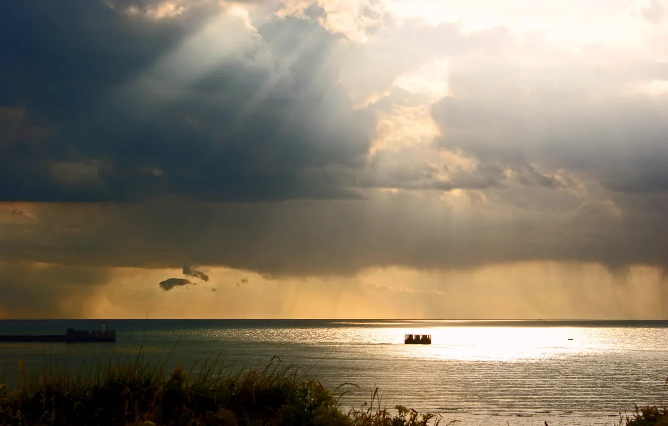 Photo wallpaper sea, the sky, clouds, light, clouds, glare, the game