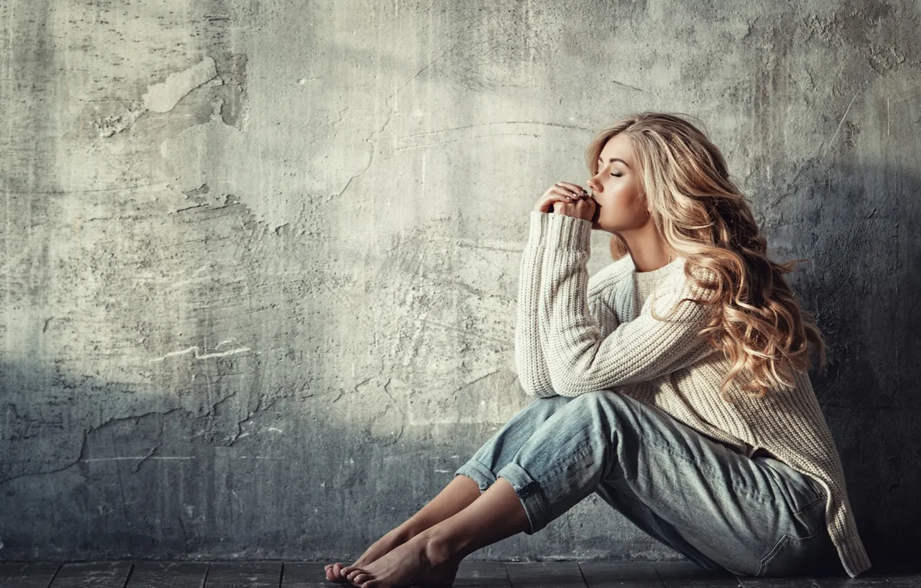 Photo wallpaper barefoot, women, jeans, blonde, sitting, closed eyes, sweater