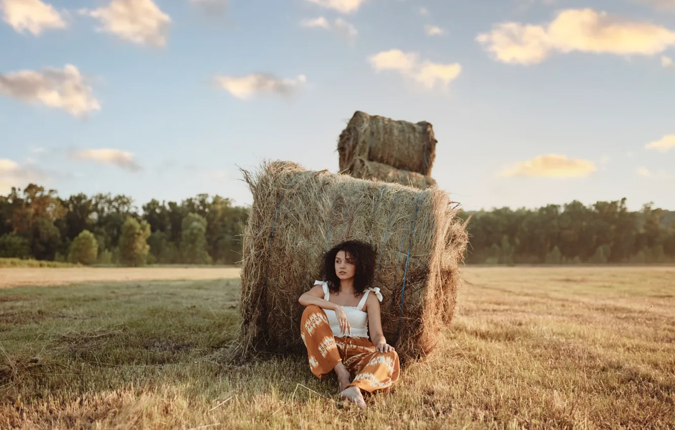 Photo wallpaper field, girl, nature, hay, brown hair, curls, Denis After all