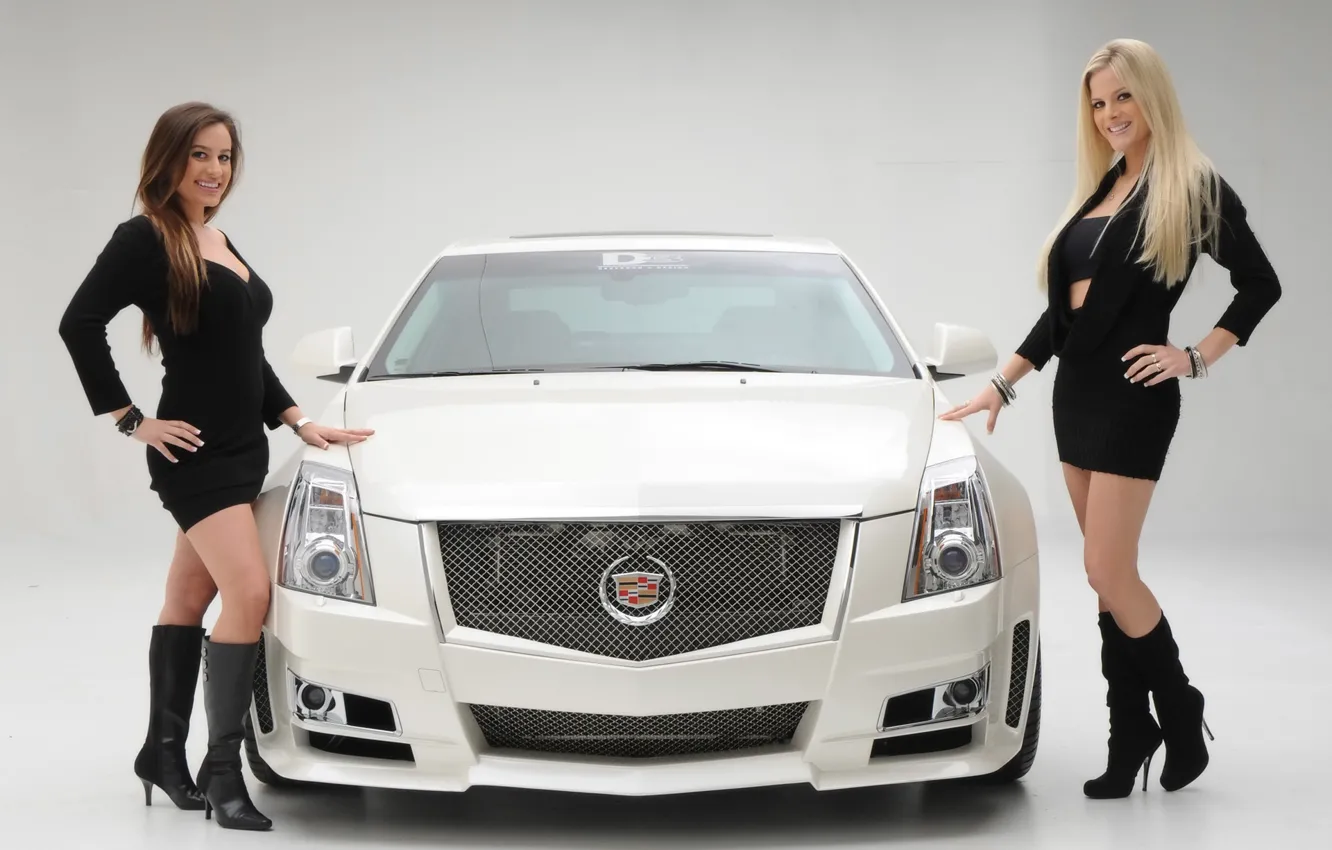 Photo wallpaper girl, blonde and brunette, two beautiful girls, cadillac cts 2008, near the car, both smile, …