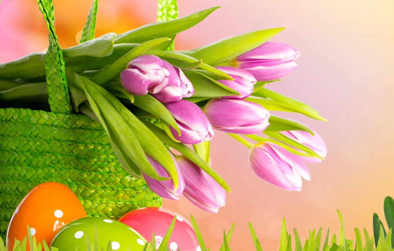 Photo wallpaper grass, flowers, basket, eggs, spring, Easter, tulips, grass