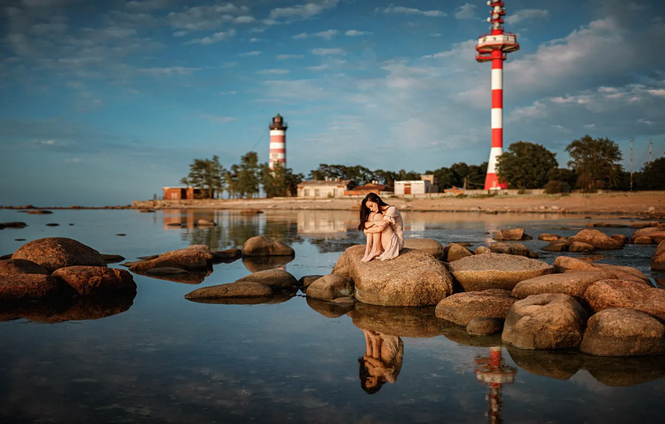 Photo wallpaper water, girl, stones, lighthouse, boulders, George Chernyadev, Ekaterina Mozhina, Ekaterina Mozhi As