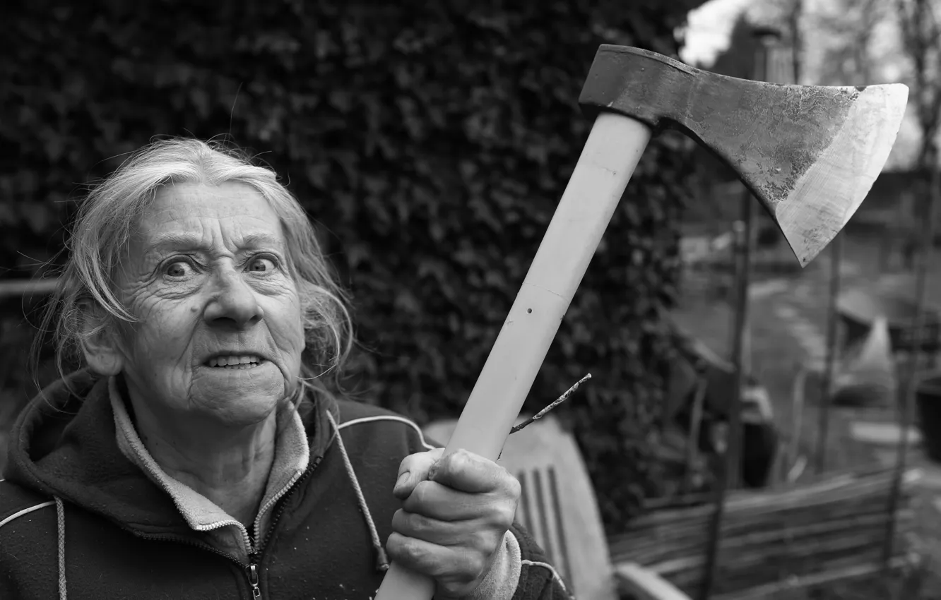 Photo wallpaper axe, woman, angry, grandmother