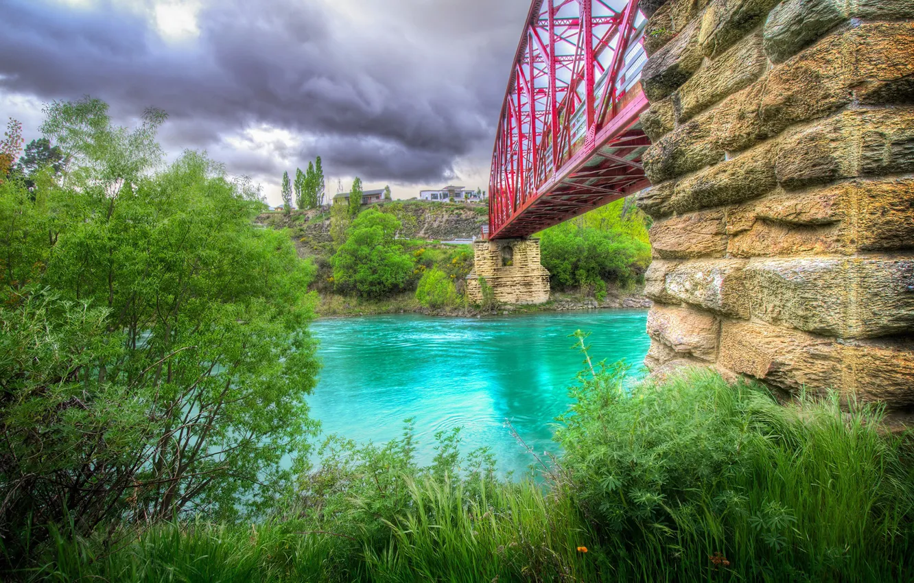 Photo wallpaper bridge, river, HDR, home, New Zealand, bridge, Emerald