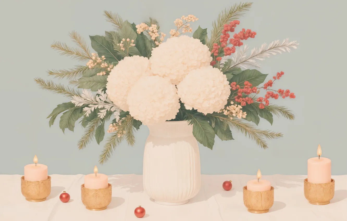 Photo wallpaper balls, flowers, branches, table, new year, bouquet, candles, Christmas