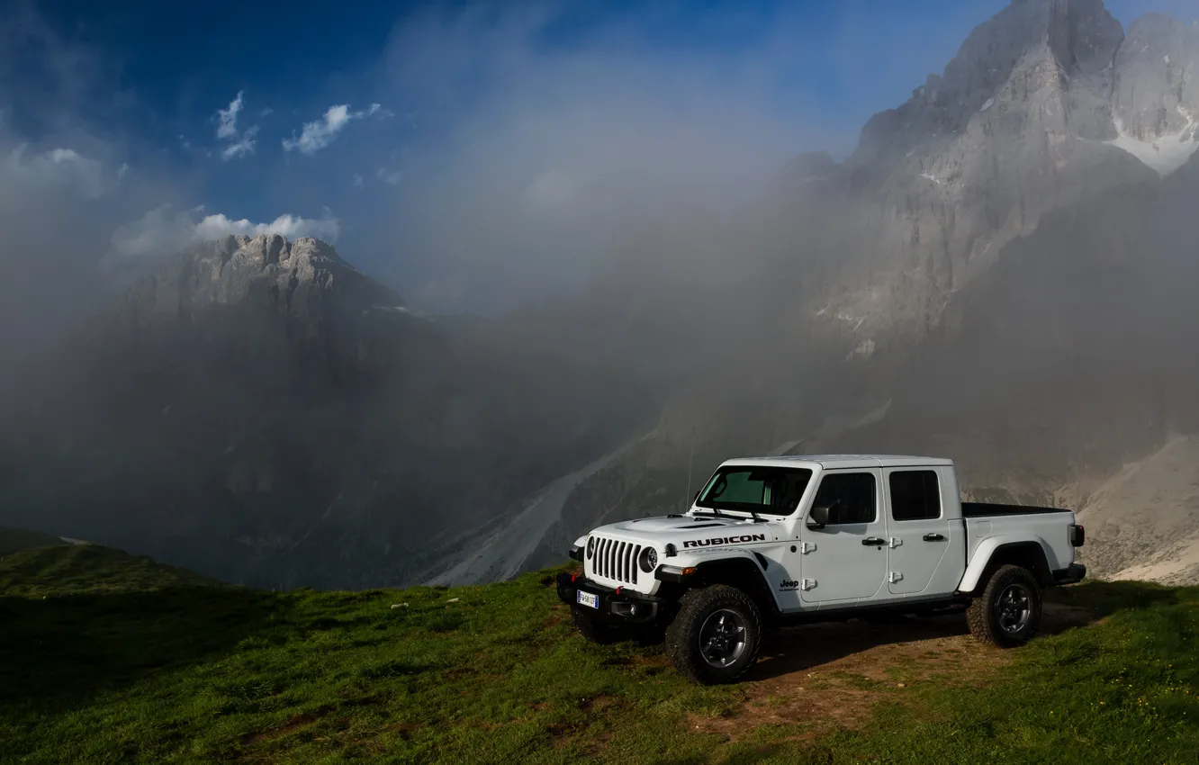 Photo wallpaper white, the sky, clouds, mountains, SUV, pickup, Gladiator, 4x4