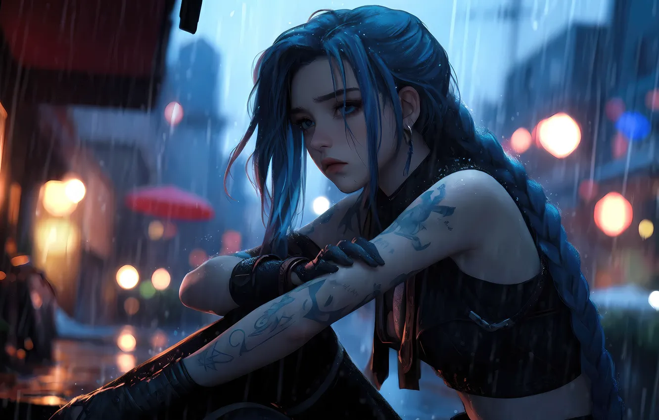Photo wallpaper sadness, tattoo, beautiful girl, blue hair, bokeh, Jinx, Jinx, Arcane