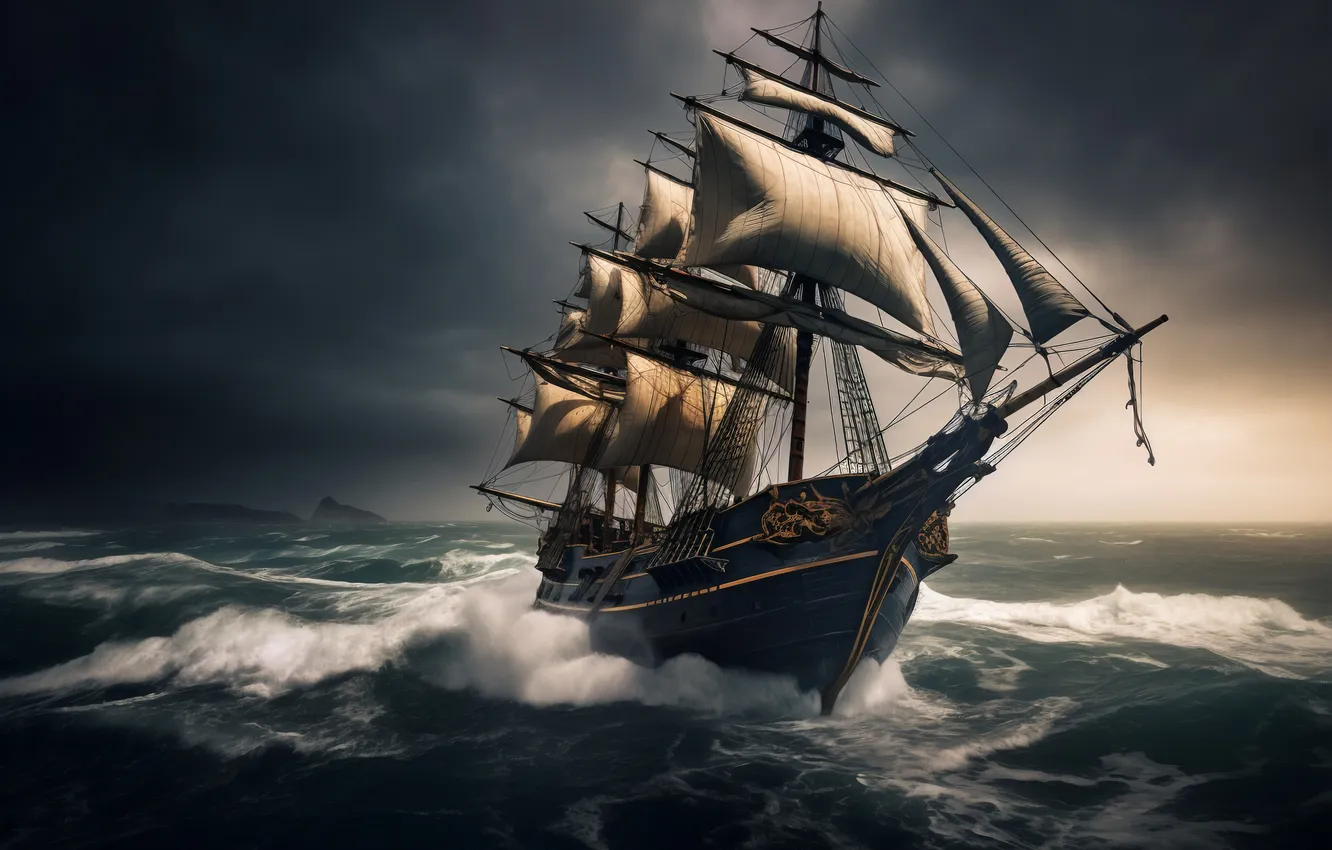 Photo wallpaper sea, wave, the wind, ship, sailboat, digital art, AI art, The Art of Artificial Intelligence