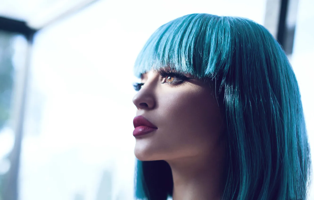 Photo wallpaper face, model, portrait, makeup, hairstyle, beauty, blue hair, bokeh
