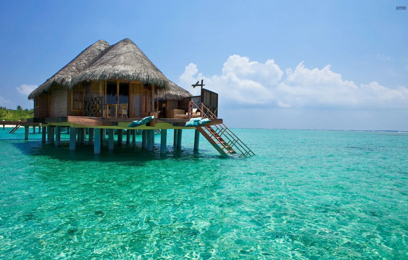 Photo wallpaper water, the ocean, transparent, exotic, Bungalow, Maldives
