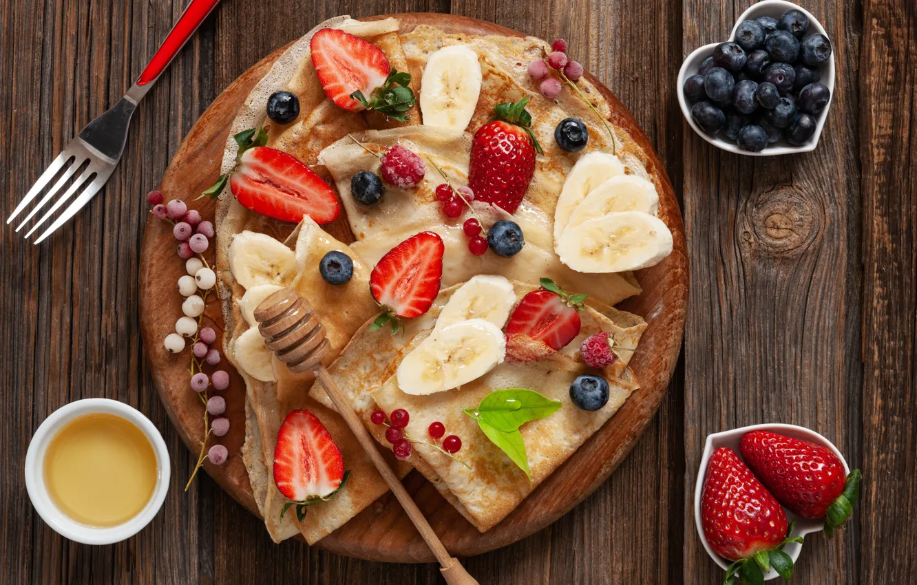 Photo wallpaper berries, Breakfast, honey, pancakes, cutting Board, Ellygri