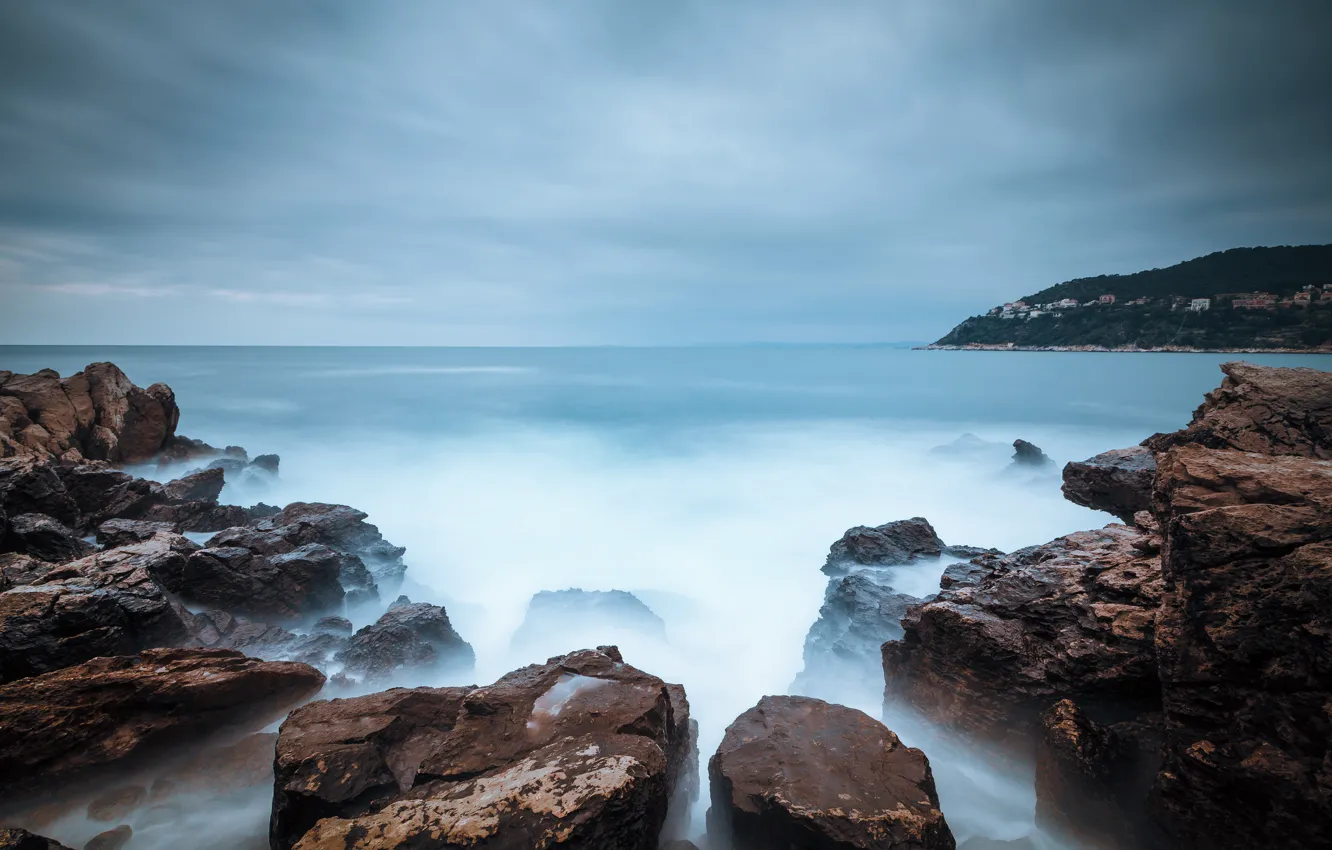 Photo wallpaper sea, beach, clouds, stones, rocks