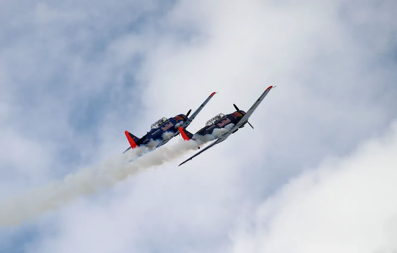 Photo wallpaper the sky, clouds, flight, traces, two, the plane