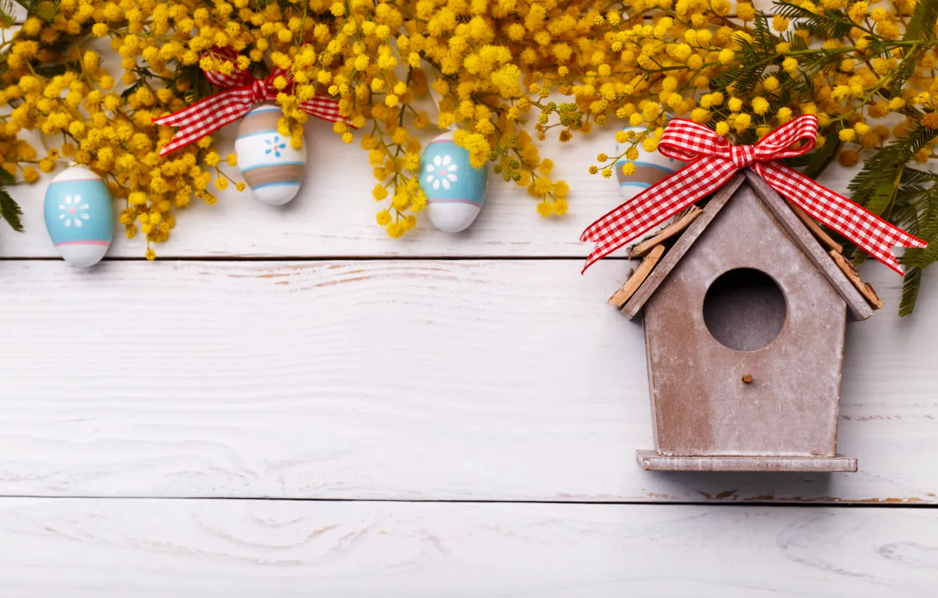 Photo wallpaper holiday, eggs, Easter, birdhouse, Mimosa