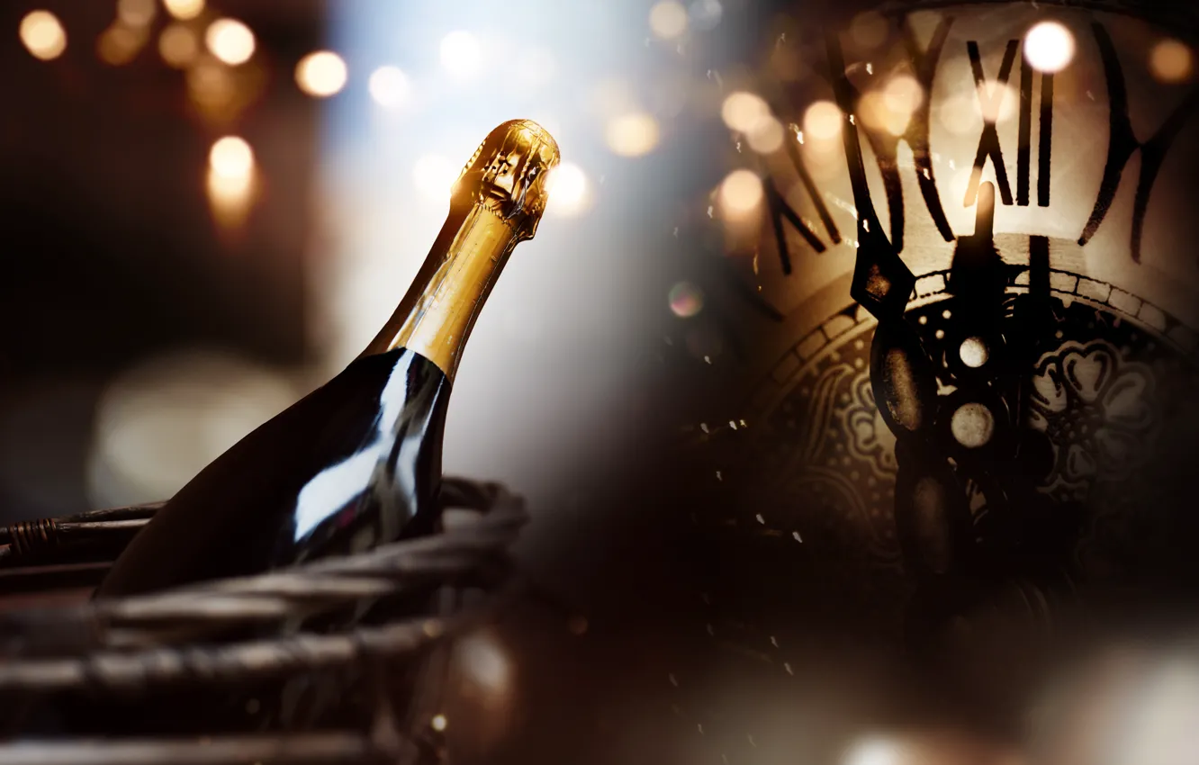 Photo wallpaper night, watch, tree, New Year, glasses, champagne, 2018, New Year