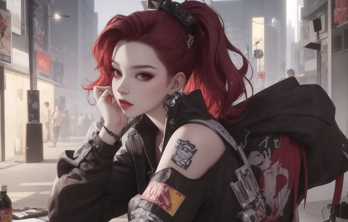 Photo wallpaper city, ponytail, street, tattoo, women, redhead, digital art, artwork