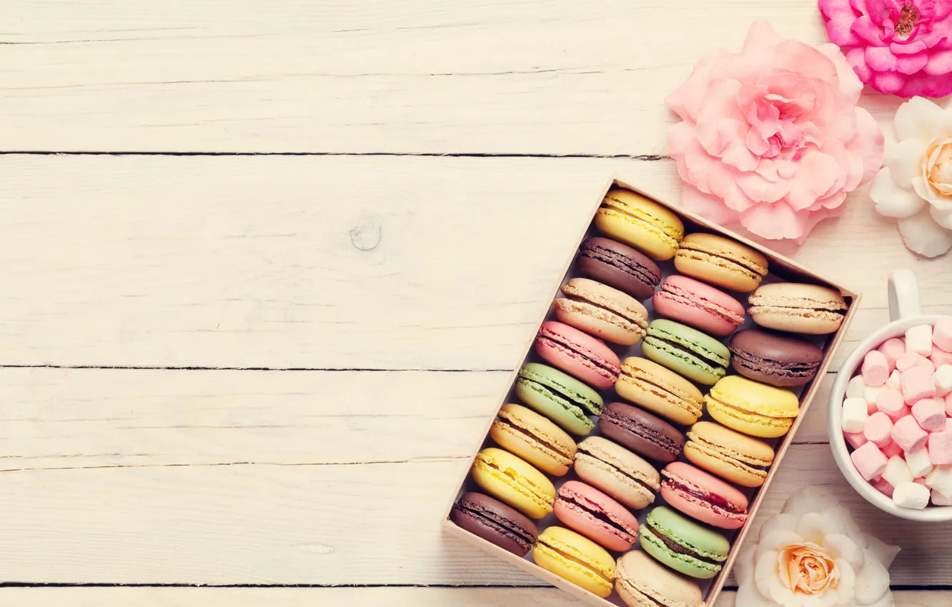 Photo wallpaper flowers, gift, colorful, wood, pink, flowers, macarons, gift box