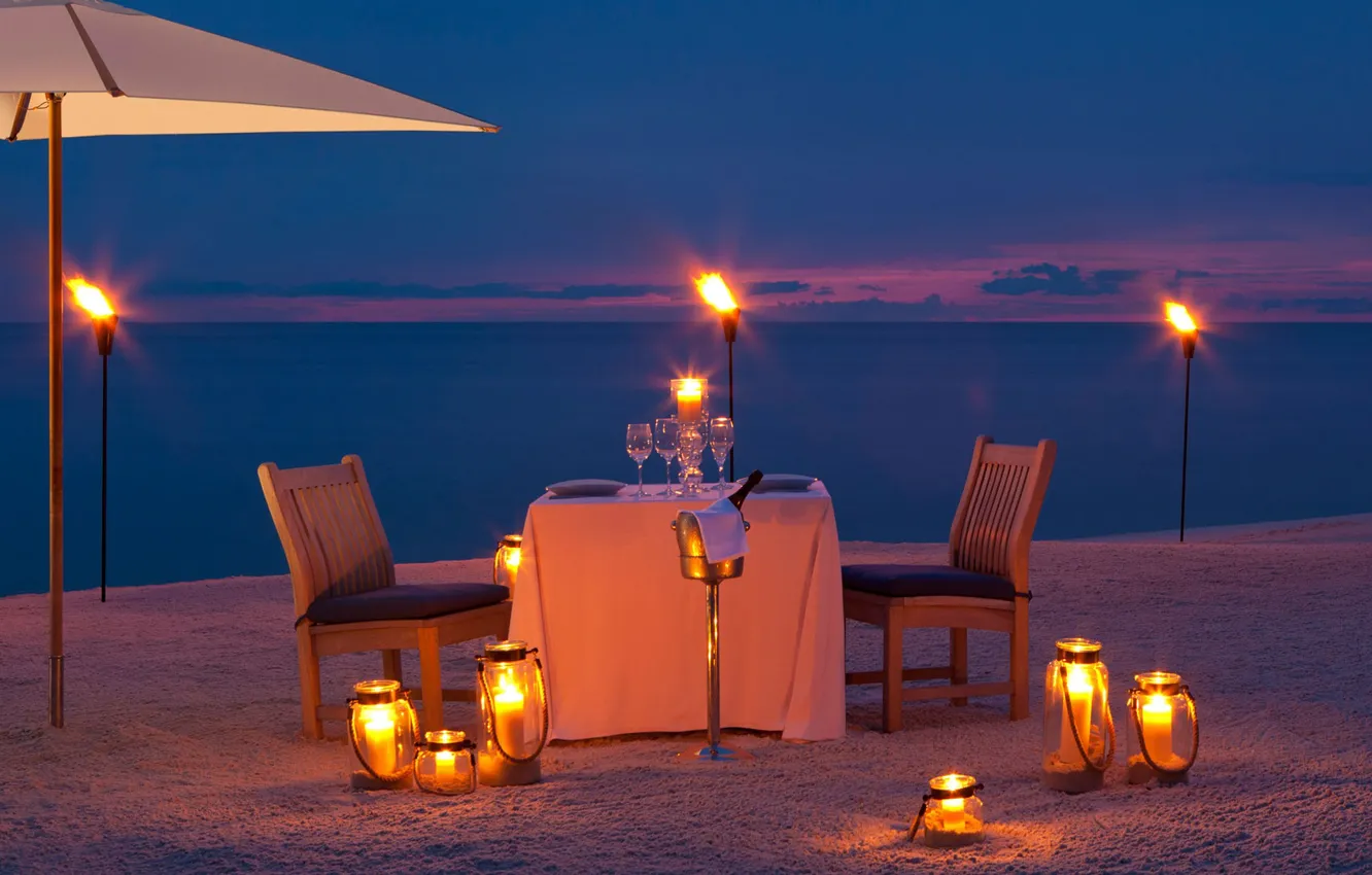 Photo wallpaper beach, table, the ocean, romance, glass, the evening, candles, torch