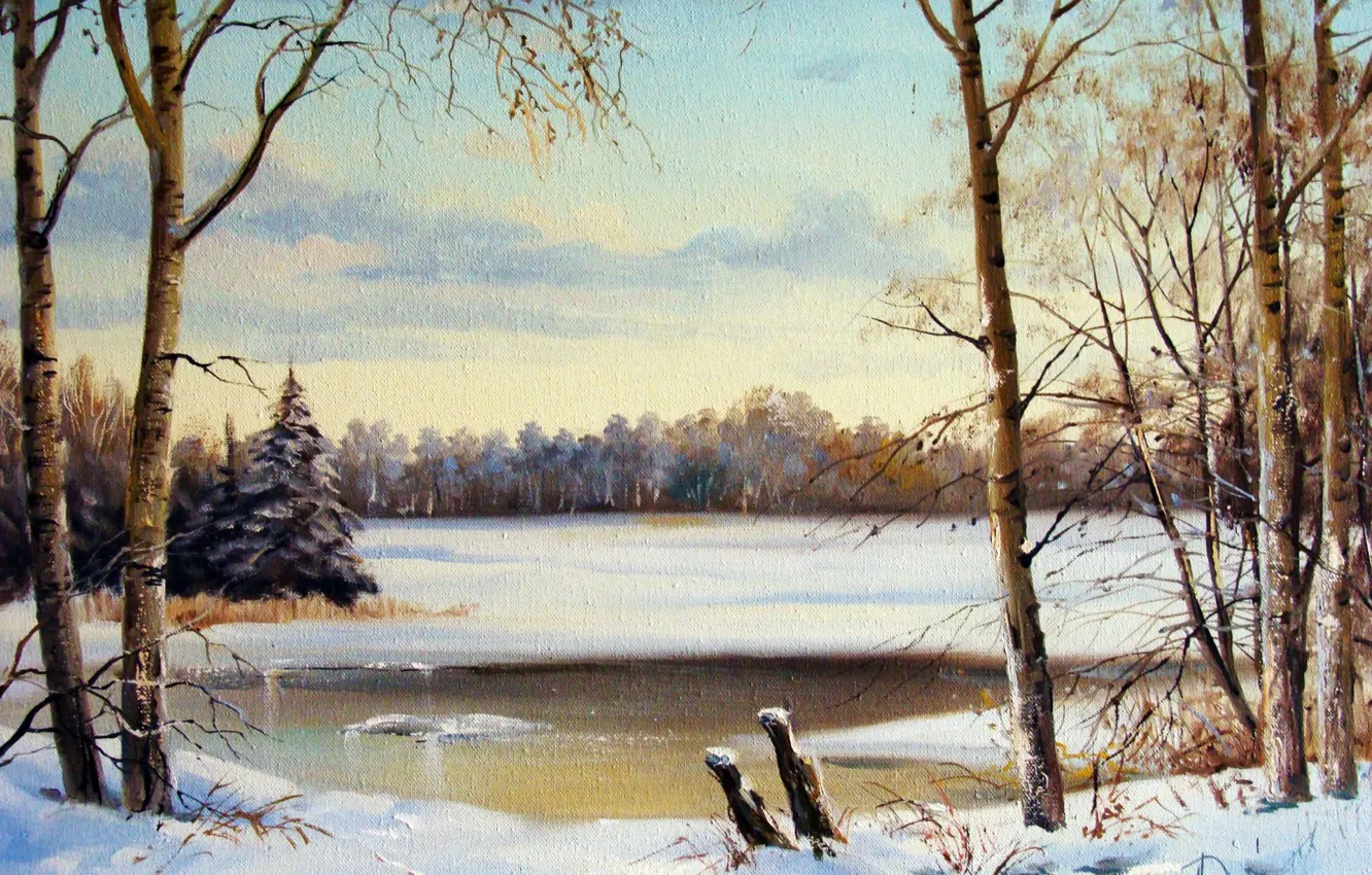 Photo wallpaper the sky, trees, landscape, river, oil, picture, painting, canvas