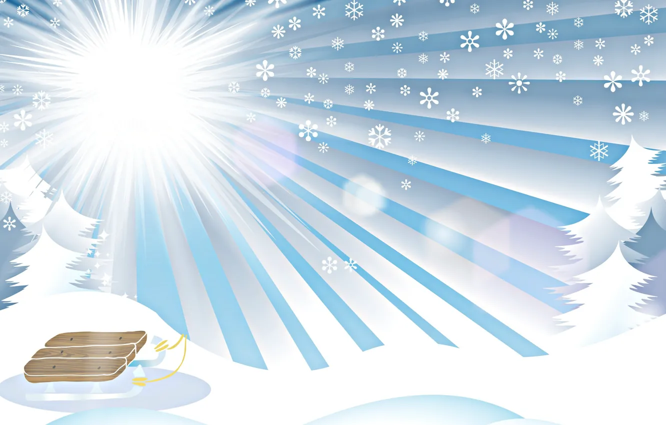 Photo wallpaper winter, the sun, snow, snowflakes, sled