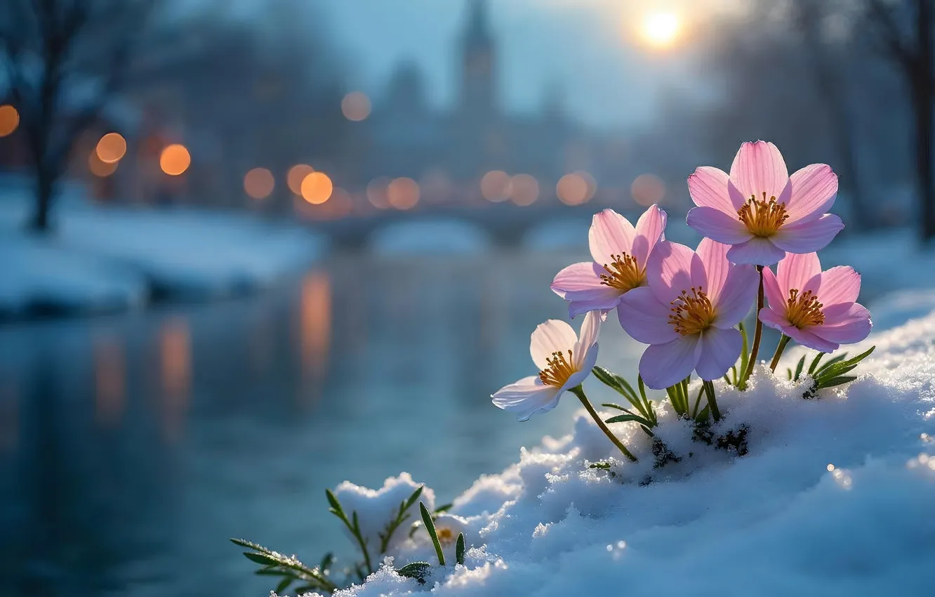Photo wallpaper winter, snow, flowers, spring, pink, flowers, winter, snow