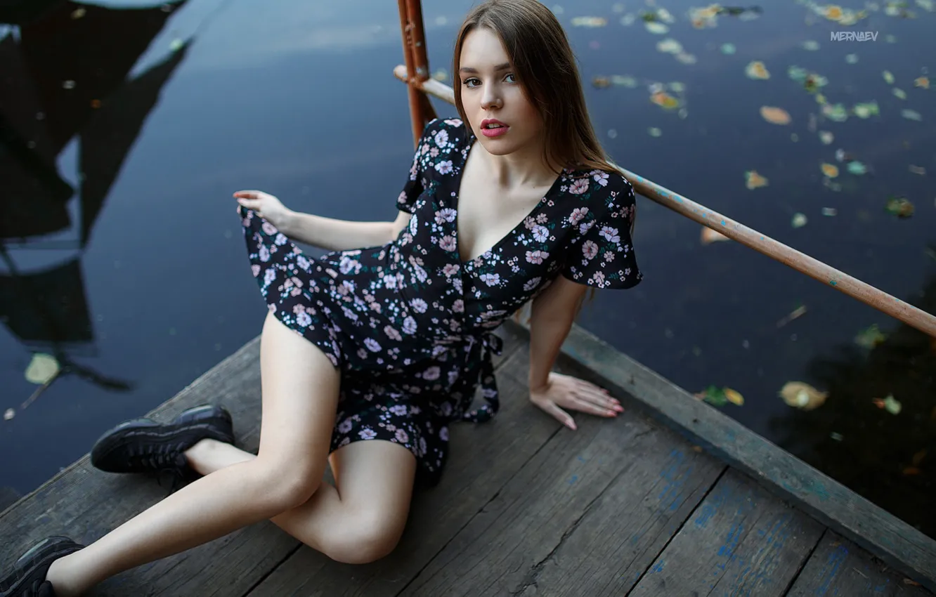 Photo wallpaper look, girl, pose, river, dress, Artyom Mernaev
