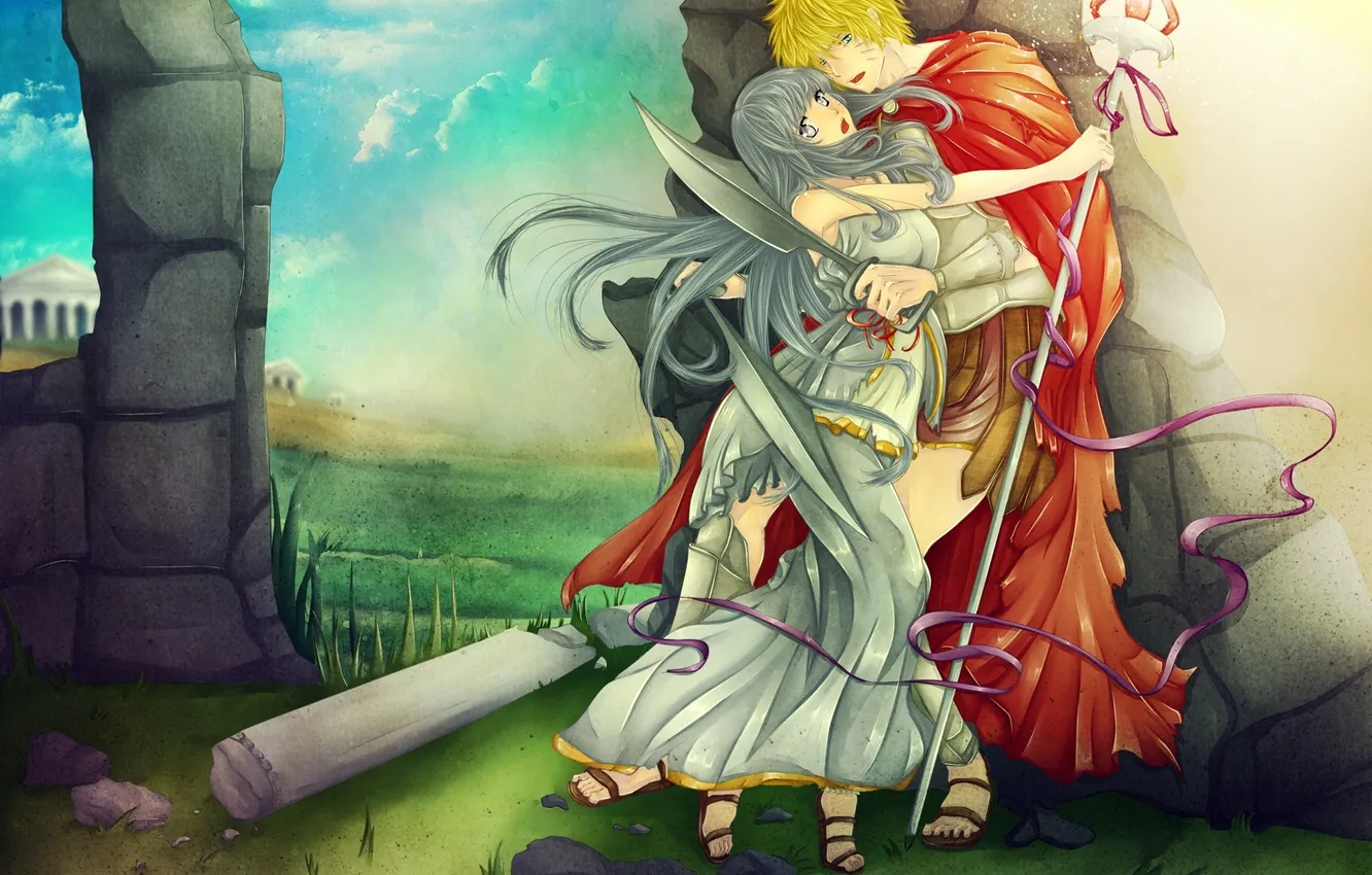 Photo wallpaper girl, magic, sword, anime, art, ruins, guy, Naruto