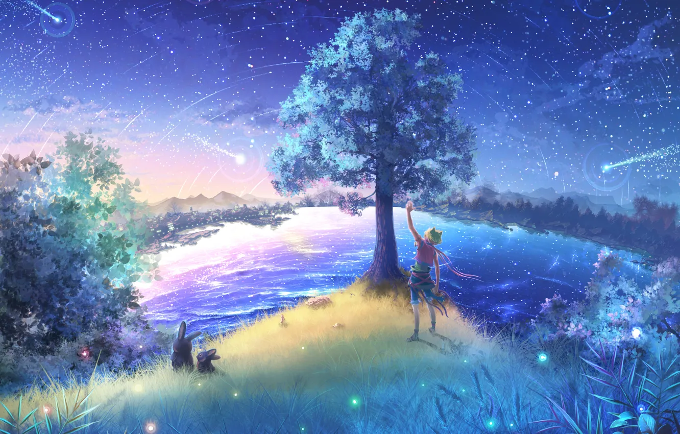 Photo wallpaper the sky, stars, trees, the city, animal, boy, scarf, Bunny
